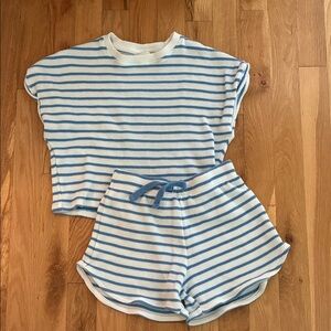 Zara Kids Ribbed Stripe Lounge PJ Set | Blue & White